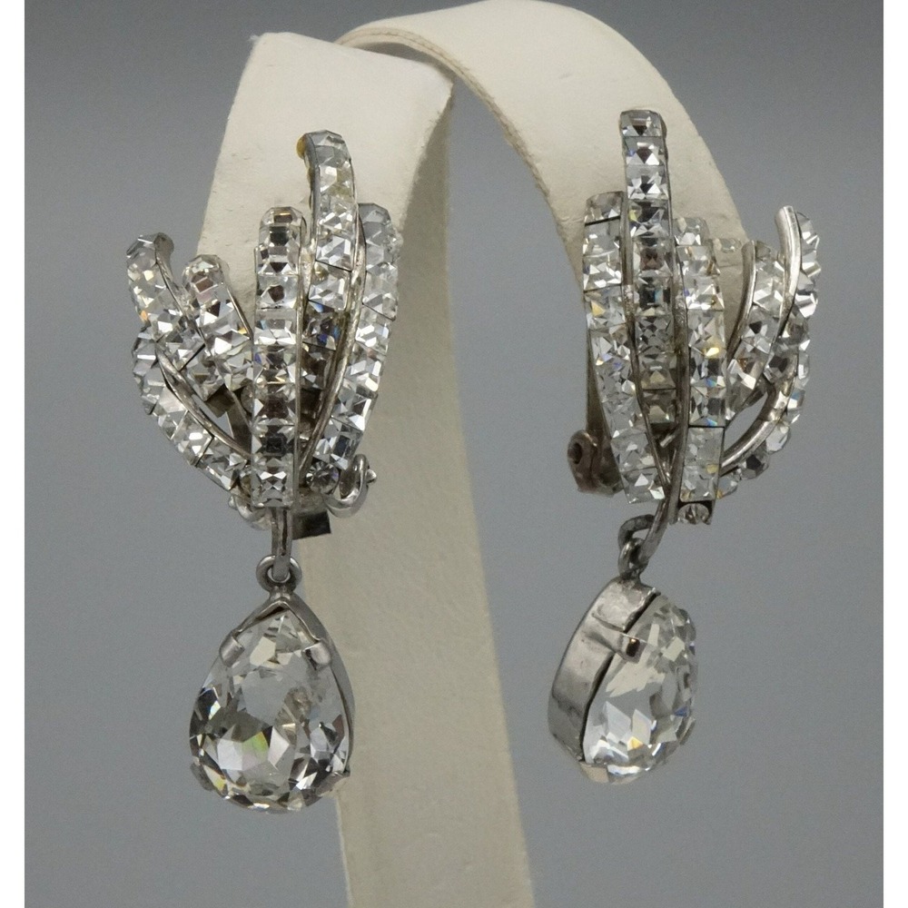 Vintage Fischland Schmuck Earrings Clear Rhinestones Channel Set Dangle Austria